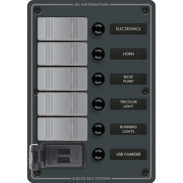 Blue Sea Systems Blue Sea - 5 Position Contura Switch Panel w/Dual USB Chargers - 12/24V DC - Black 8121 - main